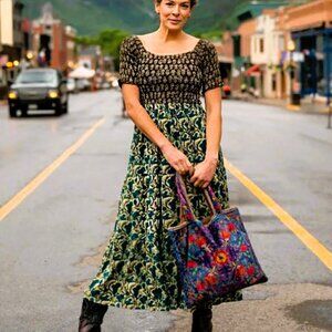 Natural Life Womens XL Daisy Tiered Maxi Dress Teal Dark Brown Mixed Floral NWOT